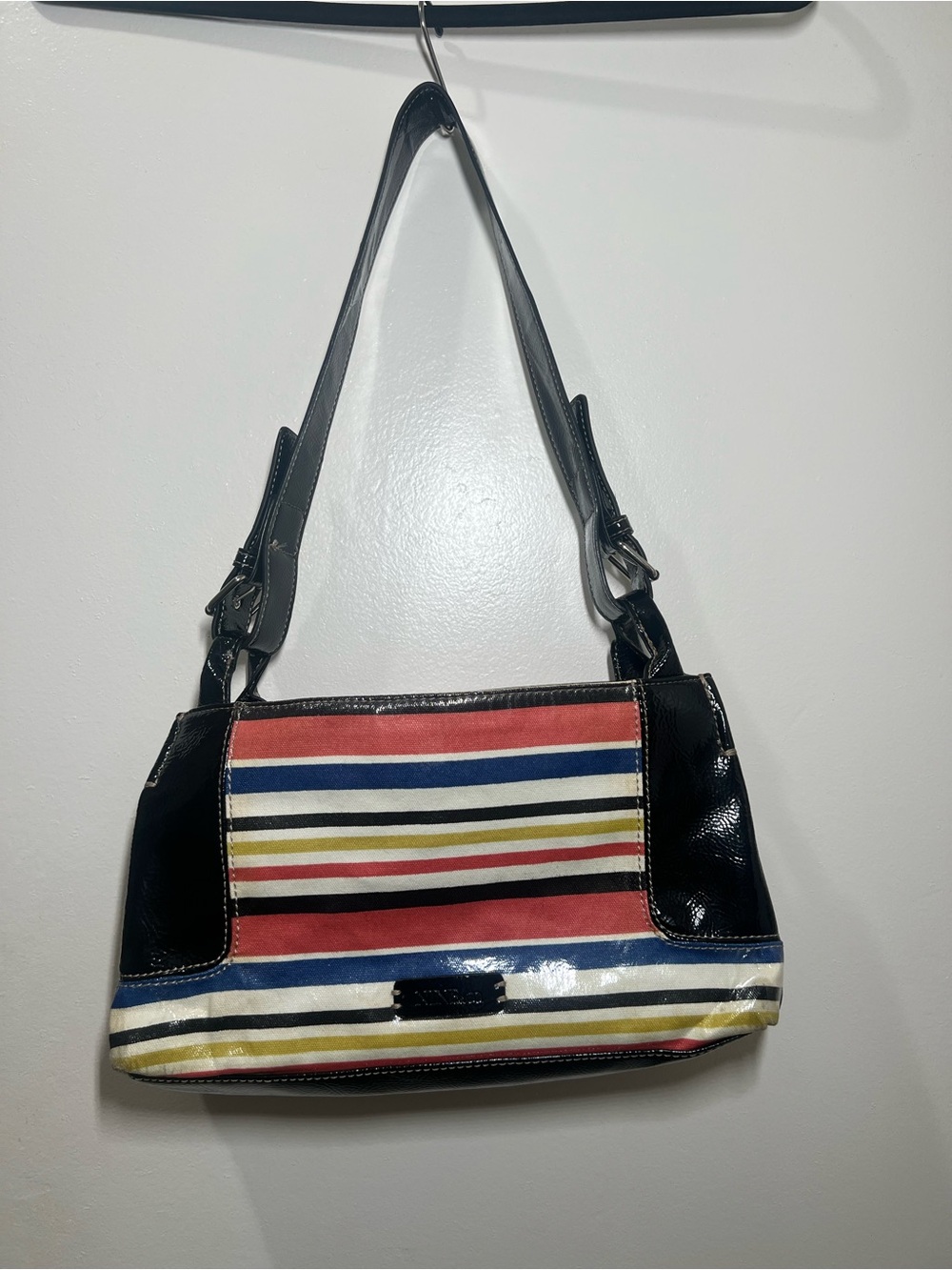 Nine & Co. Patent Black Shoulder Bag with Pink, Blue, Yellow & Cream Stripes